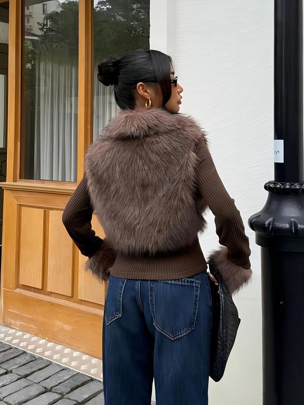 Elevate Your Fall & Winter Wardrobe with Our Stylish Women's Patchwork Knit Faux Fur Jacket - Perfect for Casual Outings!