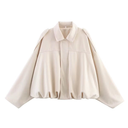 New 2025 Women Suede Textured Bomber Jacket Long Sleeve Lapel Collar Loose Coats Casual Female Outerwear Chic Tops