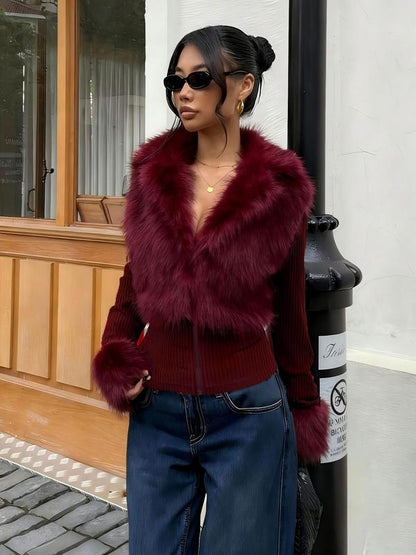 Elevate Your Fall & Winter Wardrobe with Our Stylish Women's Patchwork Knit Faux Fur Jacket - Perfect for Casual Outings!